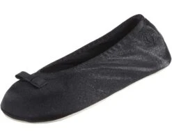 Isotoner Women's Satin Ballerina Slipper, Suede Sole, Black Ribbon Bow, 11-12